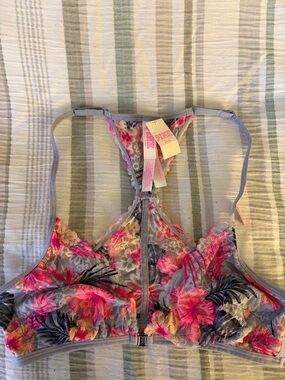 Victoria's Secret PINK Gray Lace Bralette with Pink Floral Accents